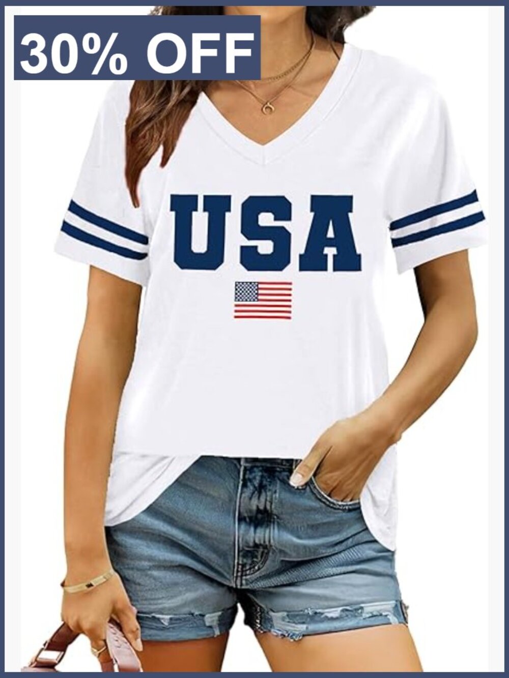 Patriotic T-Shirt Short Sleeve V-Neck Loose Fit Summer Top